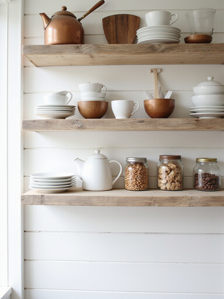 Farmhouse kitchen with open shelving displaying rustic dishes and decor.