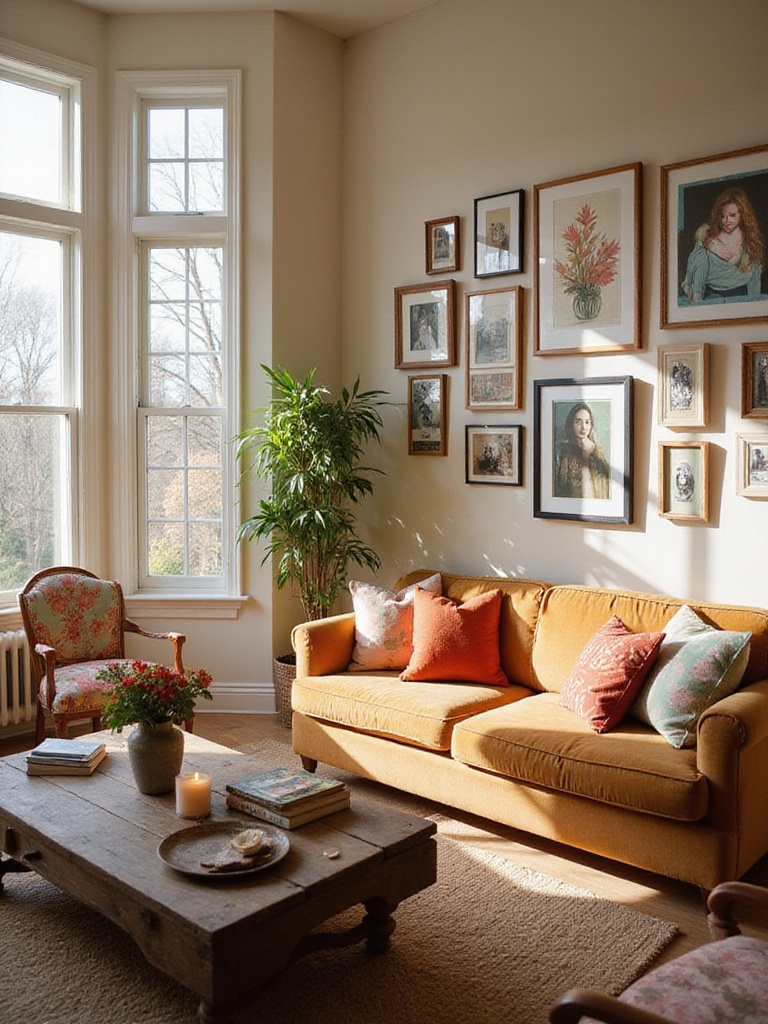 Living room with gallery wall showcasing art and personal decor