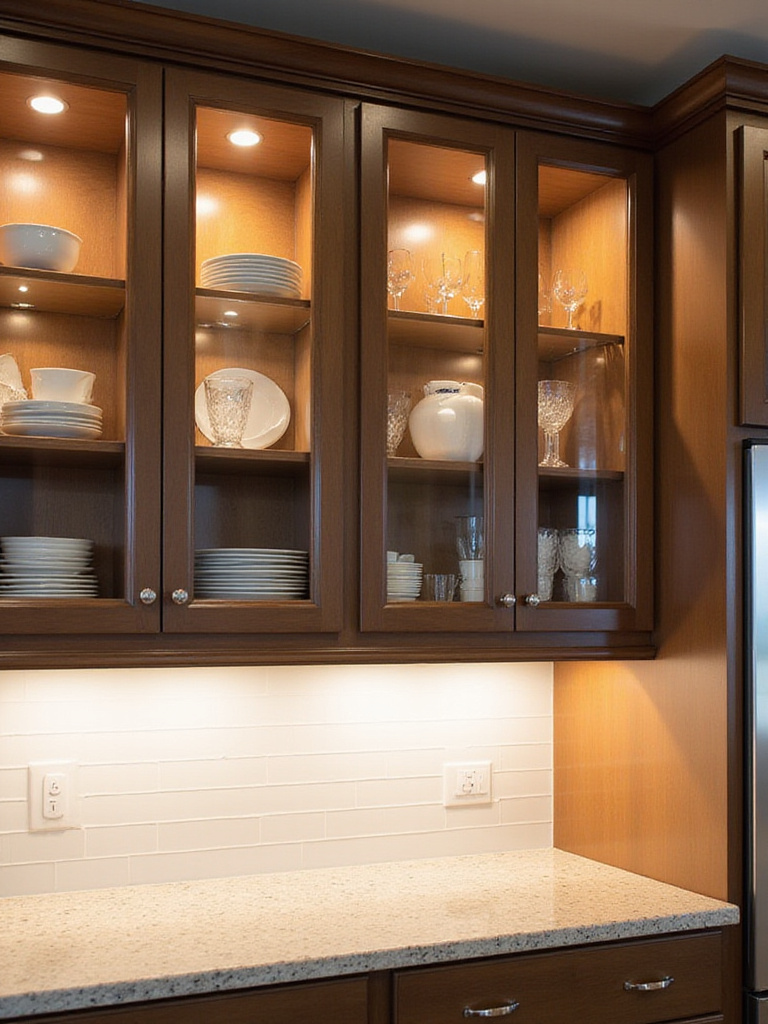 Elegant kitchen with dark wood cabinets featuring clear and frosted glass doors and warm interior LED lighting showcasing white dishes and glassware.