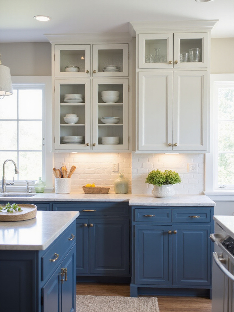 Elegant kitchen with glass-front display cabinets showcasing white dishes and glassware.