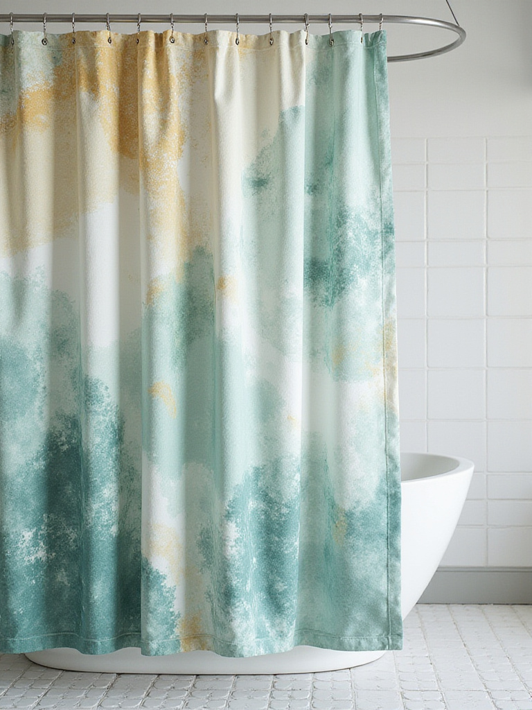 Modern bathroom with a unique abstract patterned shower curtain in teal, gold, and cream.