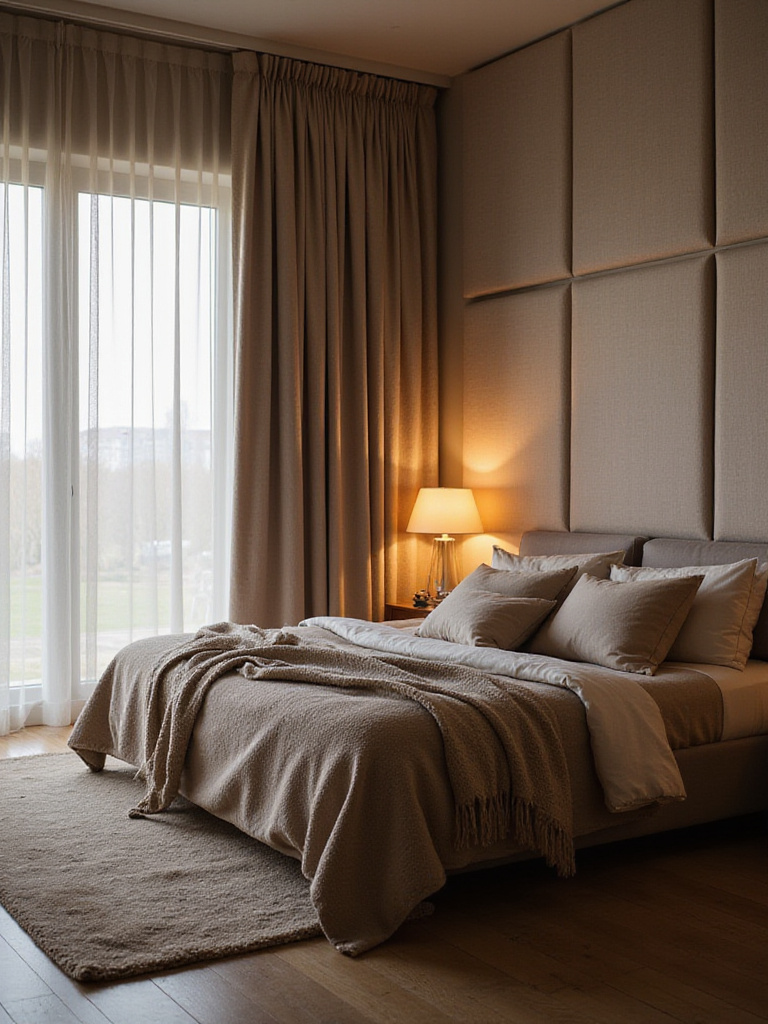 Cozy bedroom with soundproofing elements, including thick curtains, area rug, and sound dampening wall panels.