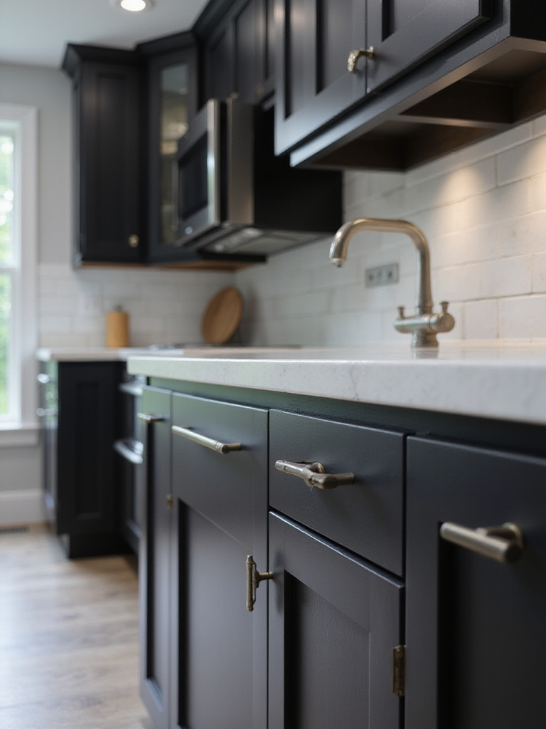 Modern kitchen with black cabinets and silver hardware