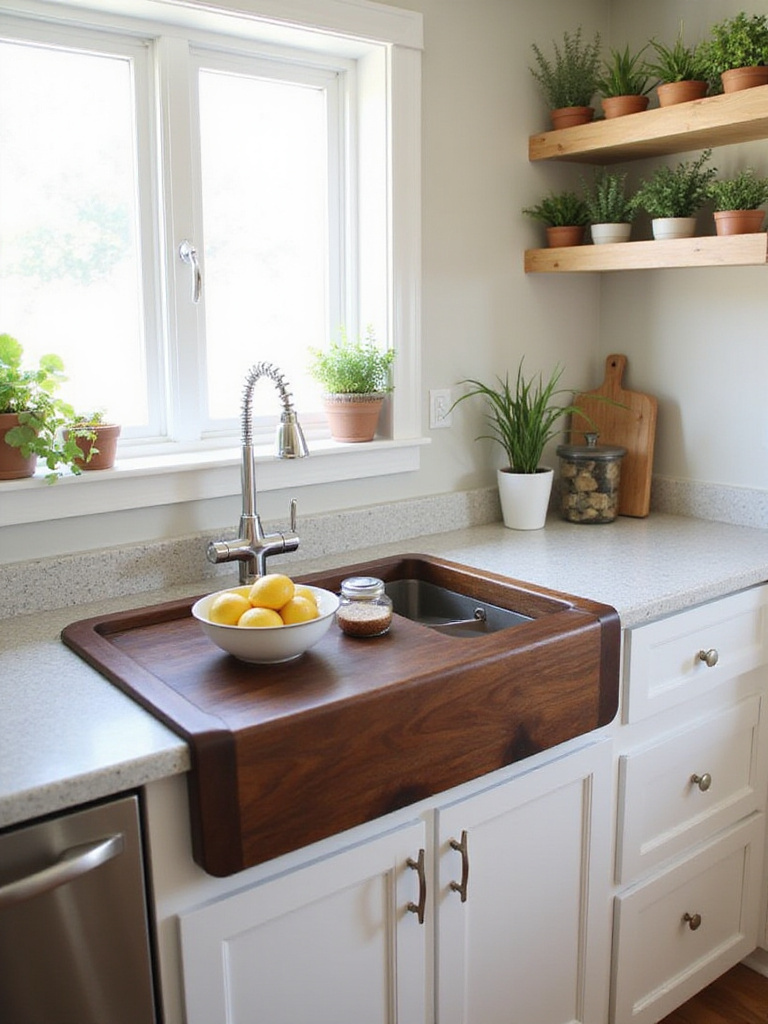 Small kitchen with wooden cutting board sink cover providing extra counter space.