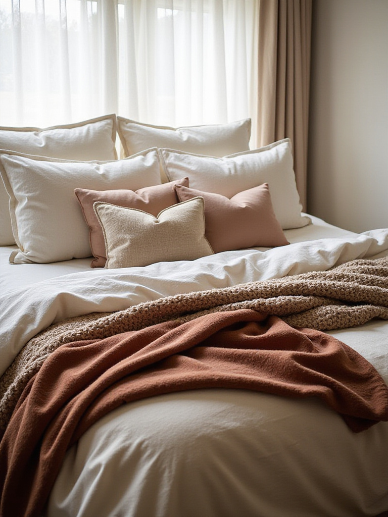 Luxurious and inviting bed with layered, comfortable bedding.