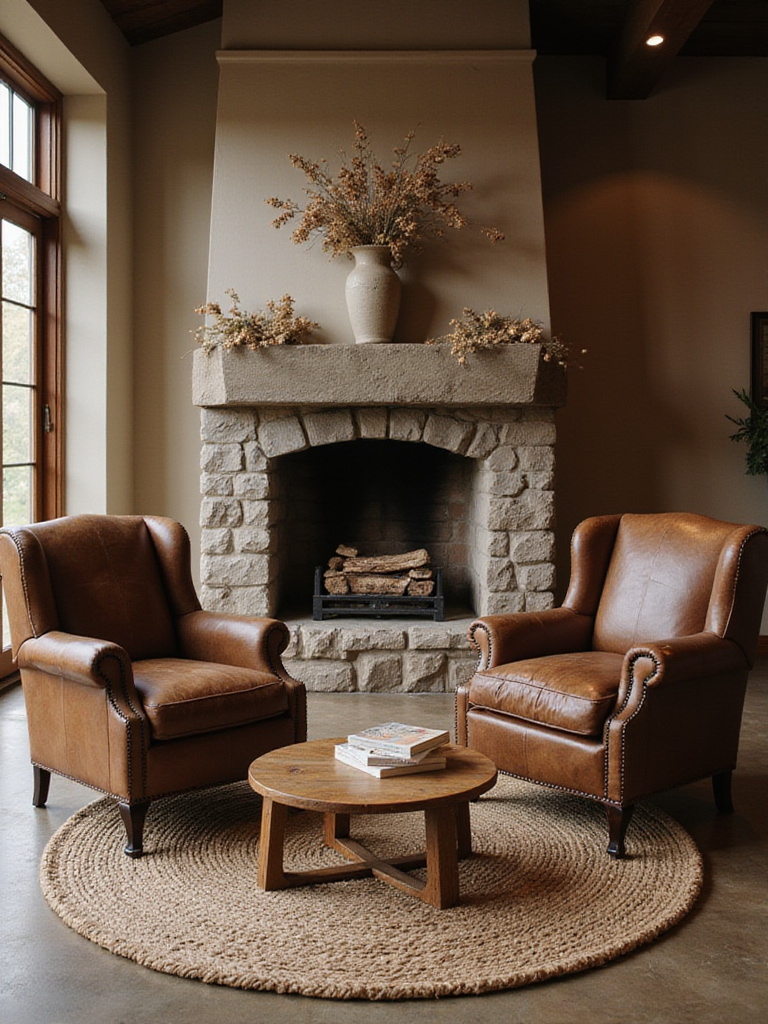 Rustic living room with leather armchairs and stone fireplace