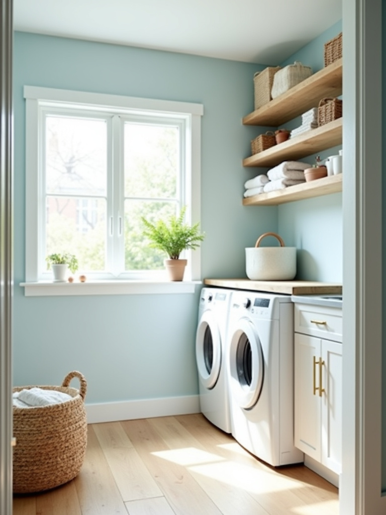 Light blue laundry room with white cabinets and natural wood shelving, creating a relaxing atmosphere.