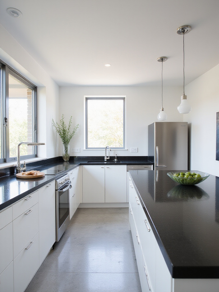Sleek black quartz countertops in a modern minimalist kitchen.