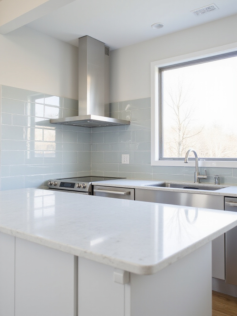 Modern kitchen with light gray glass tile backsplash and quartz countertops.