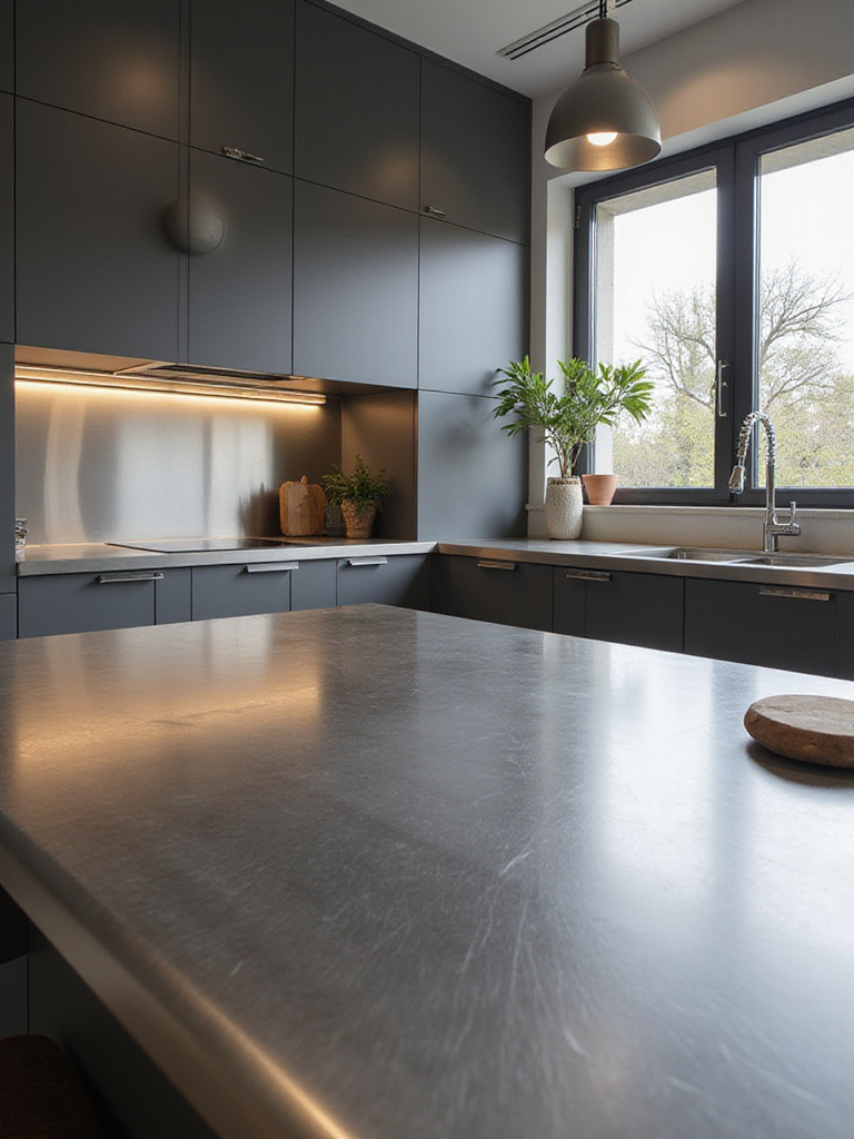 Modern kitchen with sleek gray cabinets and hygienic stainless steel countertops.