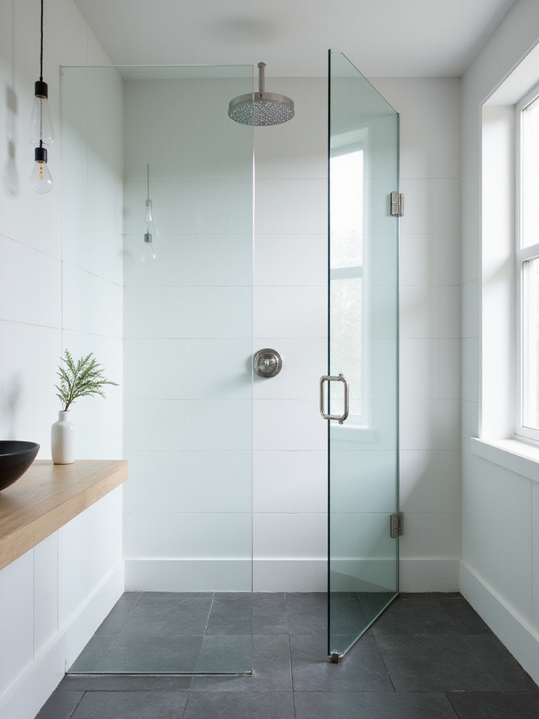 Modern bathroom with sleek seamless glass shower enclosure.