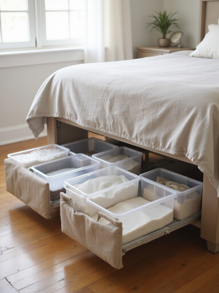 Under-bed storage bins neatly organized beneath a bed in a clean bedroom.