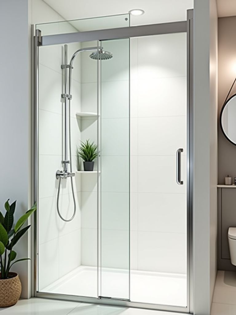 Space-saving apartment bathroom featuring a frameless sliding shower door.