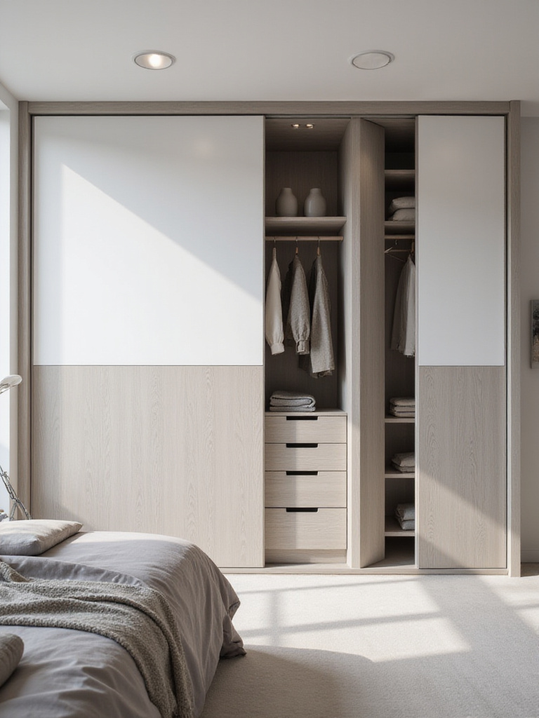 Modern bedroom featuring a sliding door wardrobe with matte white and wood grain doors, showcasing space-saving design.
