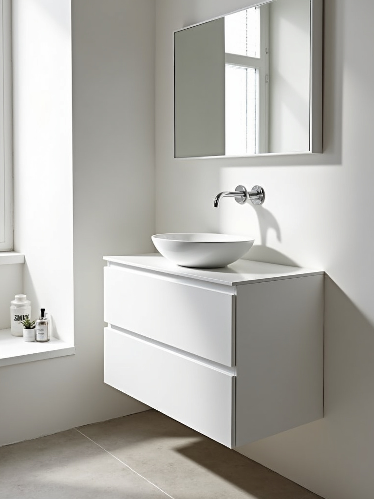Space-saving slim vanity in a modern apartment bathroom.