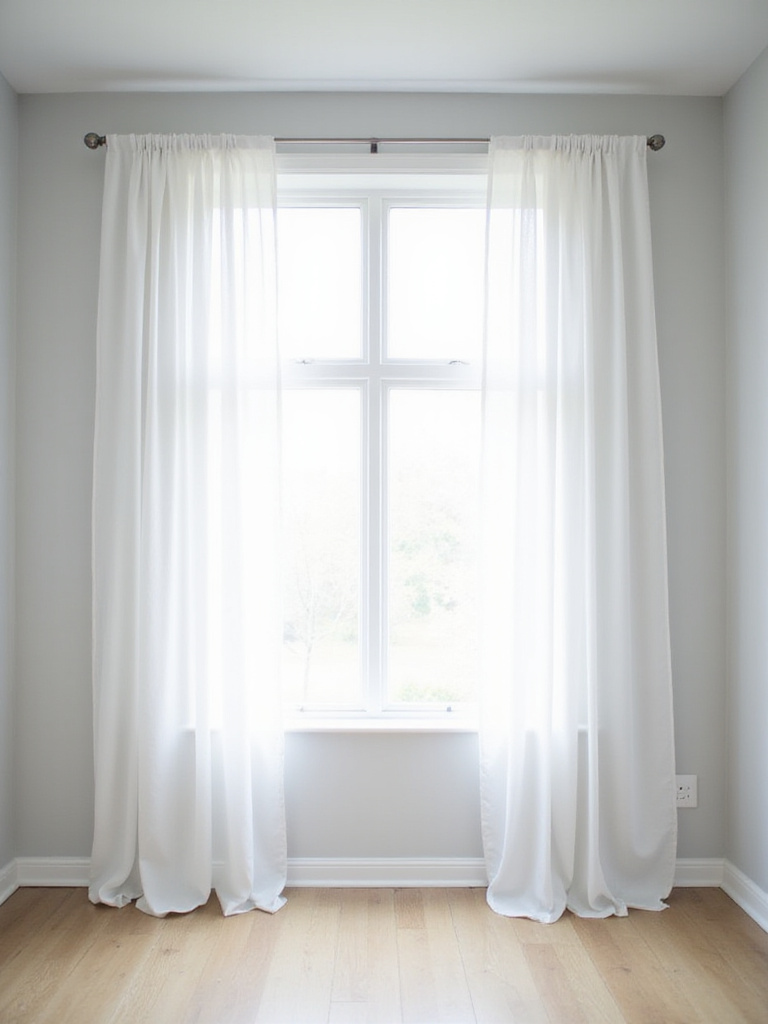 Small living room with sheer white curtains maximizing natural light and creating a sense of spaciousness.