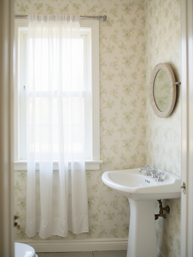 Small bathroom with delicate botanical wallpaper, white pedestal sink, and light gray tile flooring.