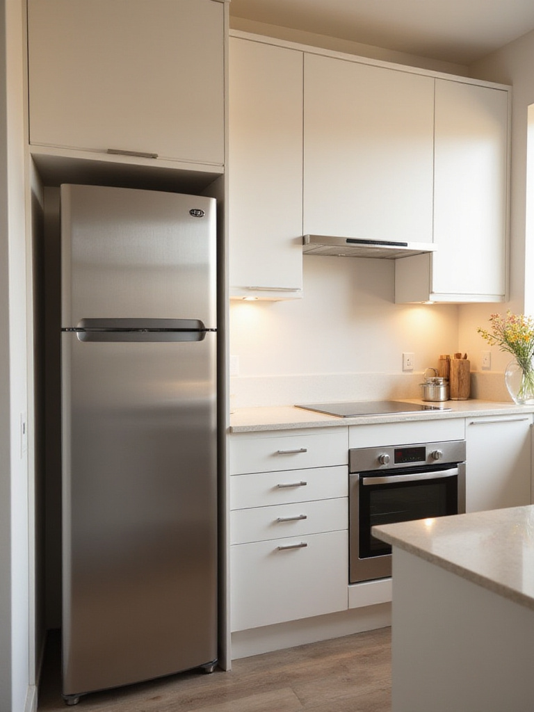 Compact stainless steel refrigerator and other space-saving appliances in a modern small kitchen.