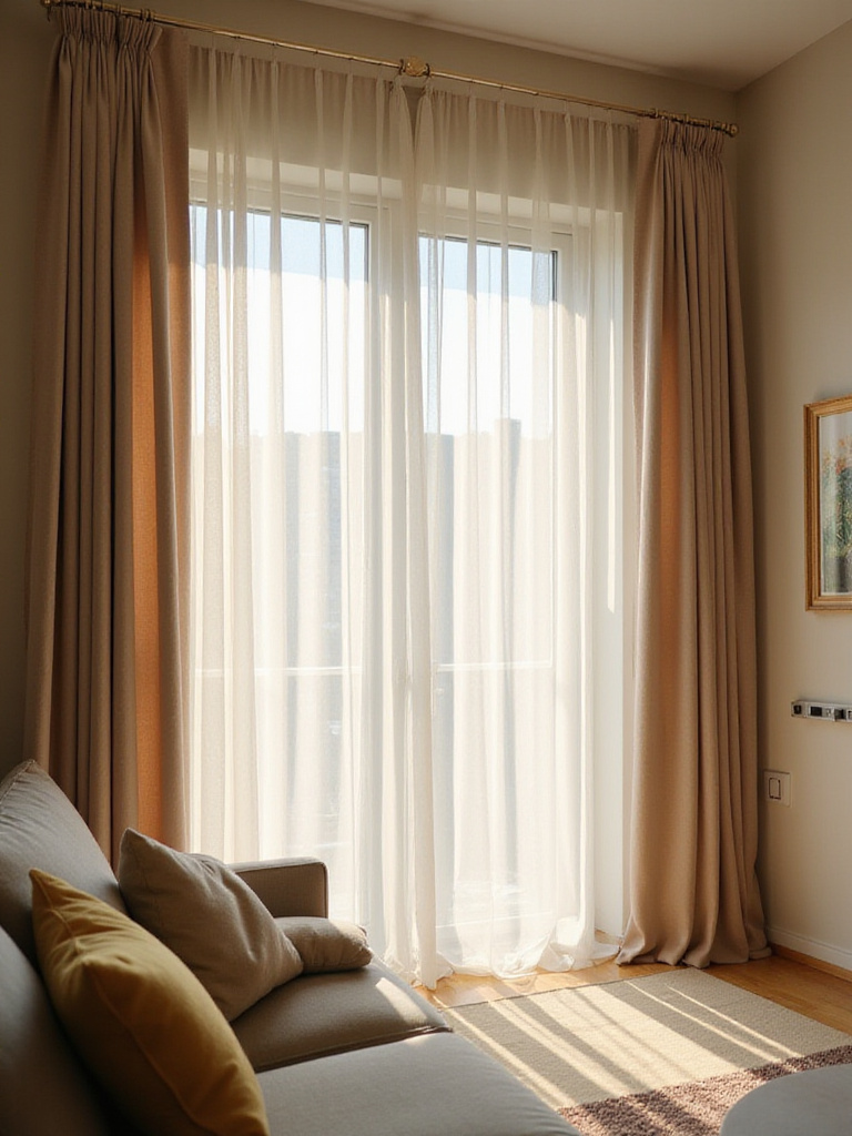 Modern living room with motorized curtains partially closed, allowing soft light to filter through.