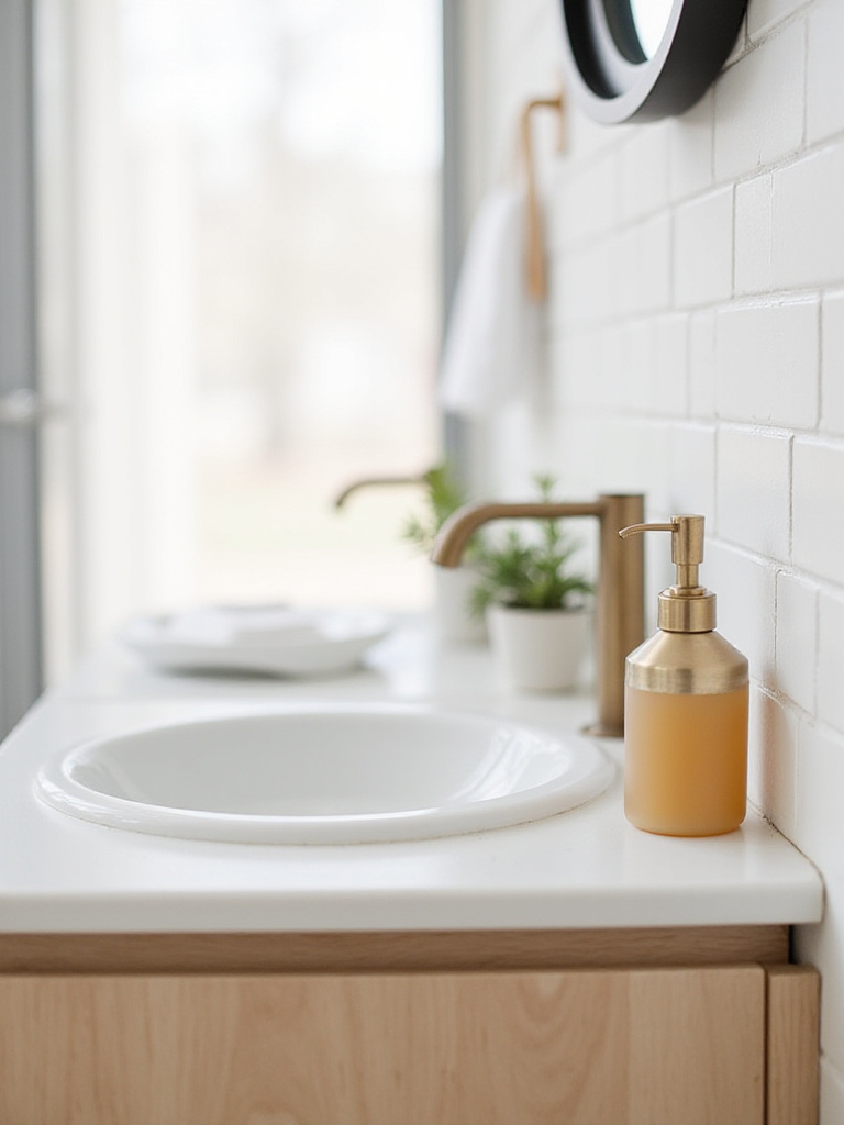 Stylish brushed brass soap dispenser on a modern bathroom vanity.