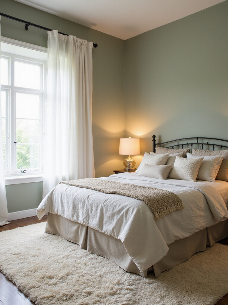 Cozy bedroom with soft sage green walls, natural light, and plush bedding.