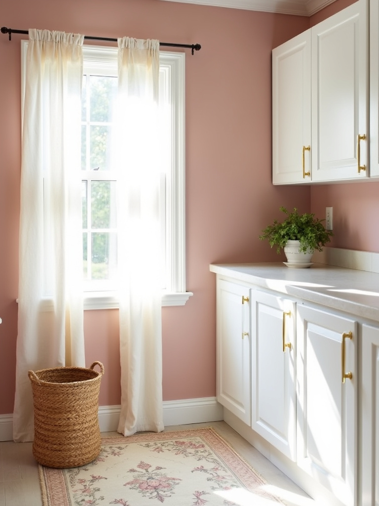 Dusty rose laundry room with white cabinets and brass hardware