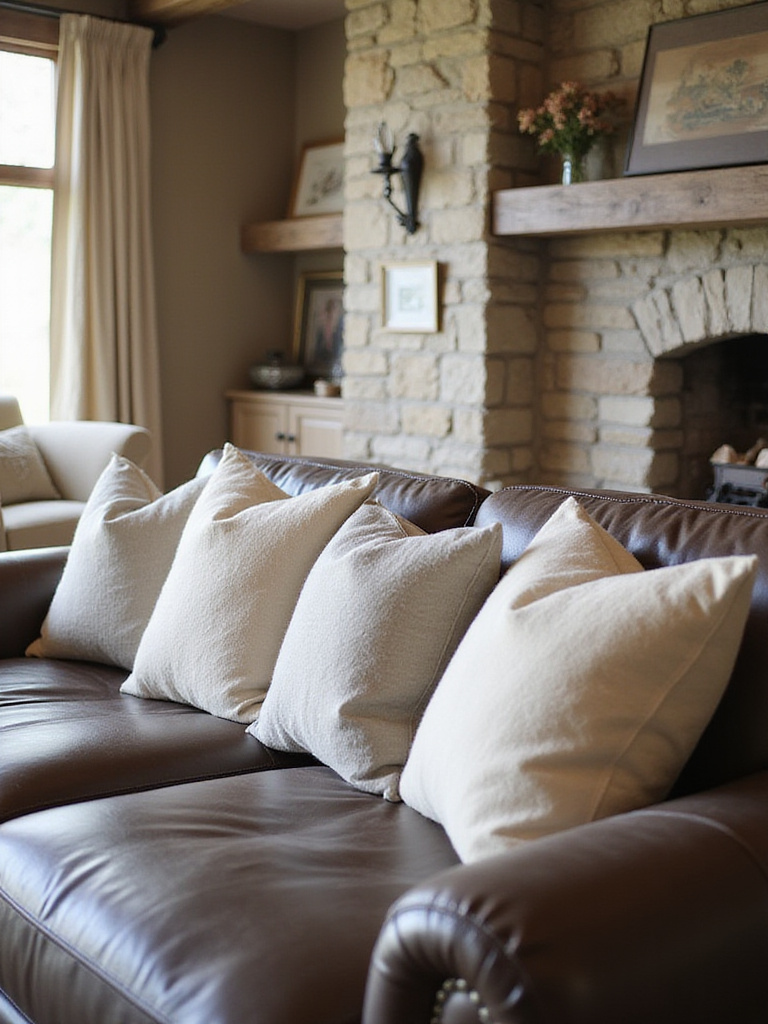 Rustic living room with leather sofa and textured linen throw pillows