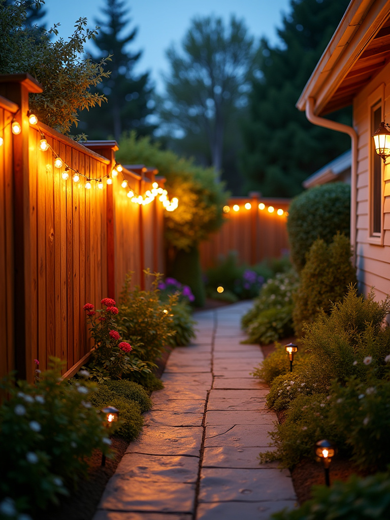 Budget-friendly backyard illuminated with solar string lights, path lights, and spotlights, creating a warm and inviting outdoor space.