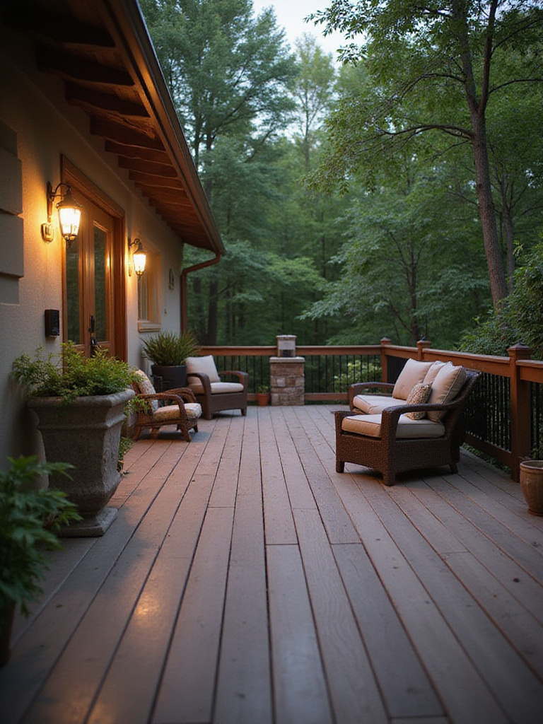 Deck with outdoor speakers integrated into the landscaping.