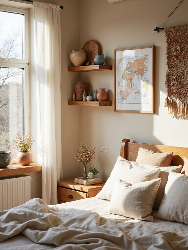 Apartment bedroom decor featuring travel souvenirs on a floating shelf, map, and textile hanging.