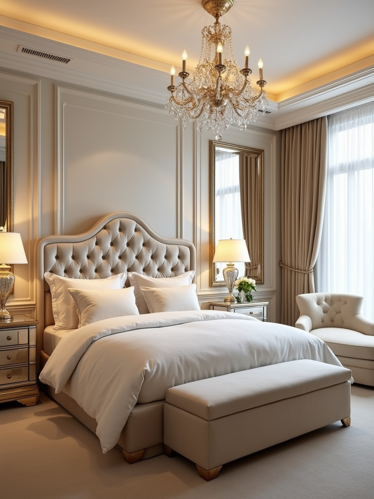 Glamorous bedroom interior design with velvet headboard, crystal chandelier, and mirrored accents