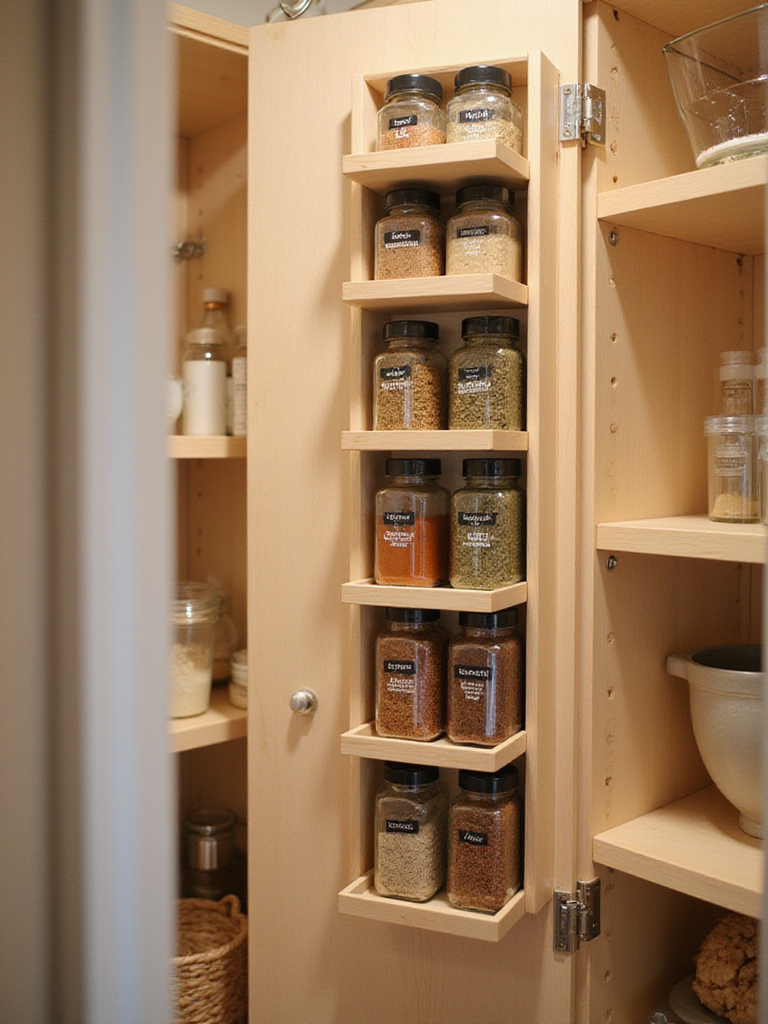Slim spice rack on pantry door with organized spice jars.