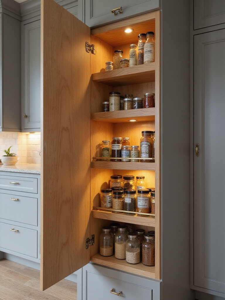 Modern kitchen interior featuring a built-in spice rack cabinet with glass spice jars.