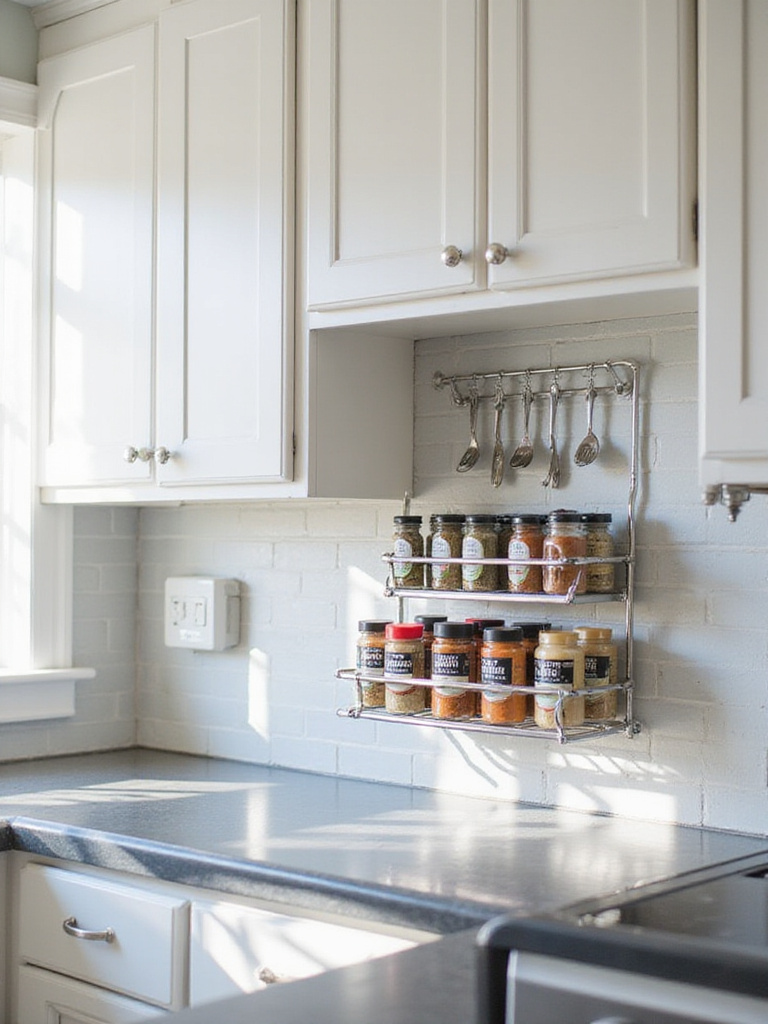 Stainless steel spice rack mounted on a light gray kitchen backsplash.