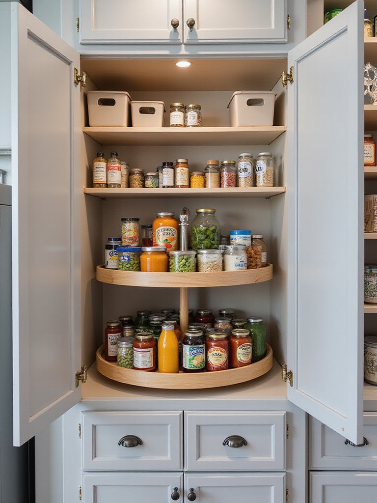 Corner pantry cabinet with a two-tiered Lazy Susan holding pantry staples.