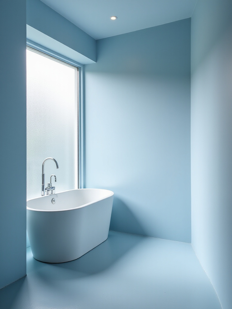 Calming blue bathroom with natural light and freestanding bathtub