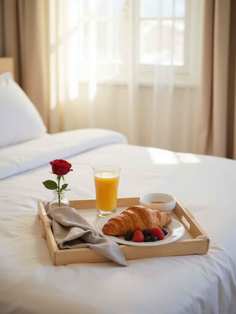 Breakfast in bed tray with croissant, berries, orange juice, and a rose on a white linen bed
