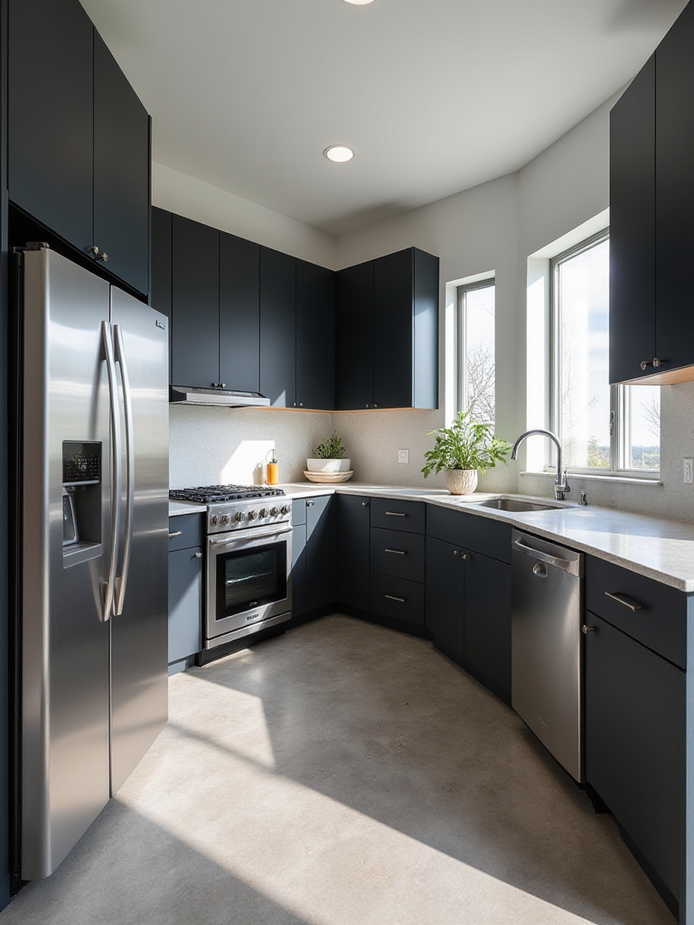 Modern black kitchen with stainless steel appliances