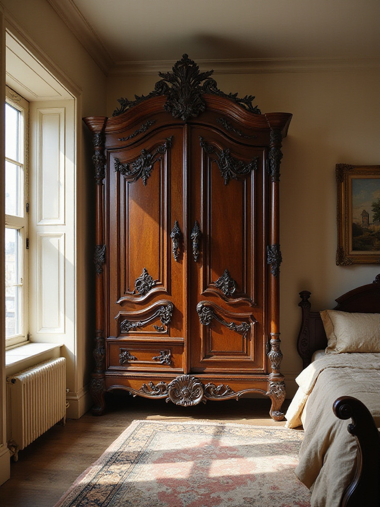 Ornate dark wood armoire in a luxurious bedroom.