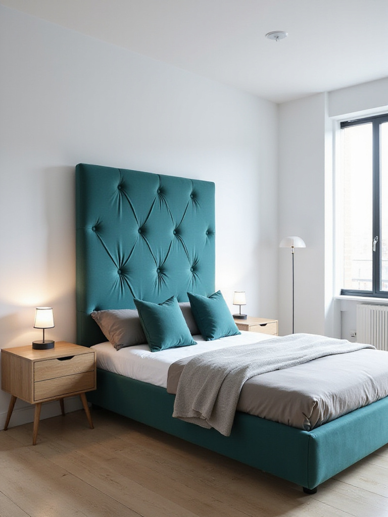 Apartment bedroom interior with a striking teal upholstered headboard as the focal point.