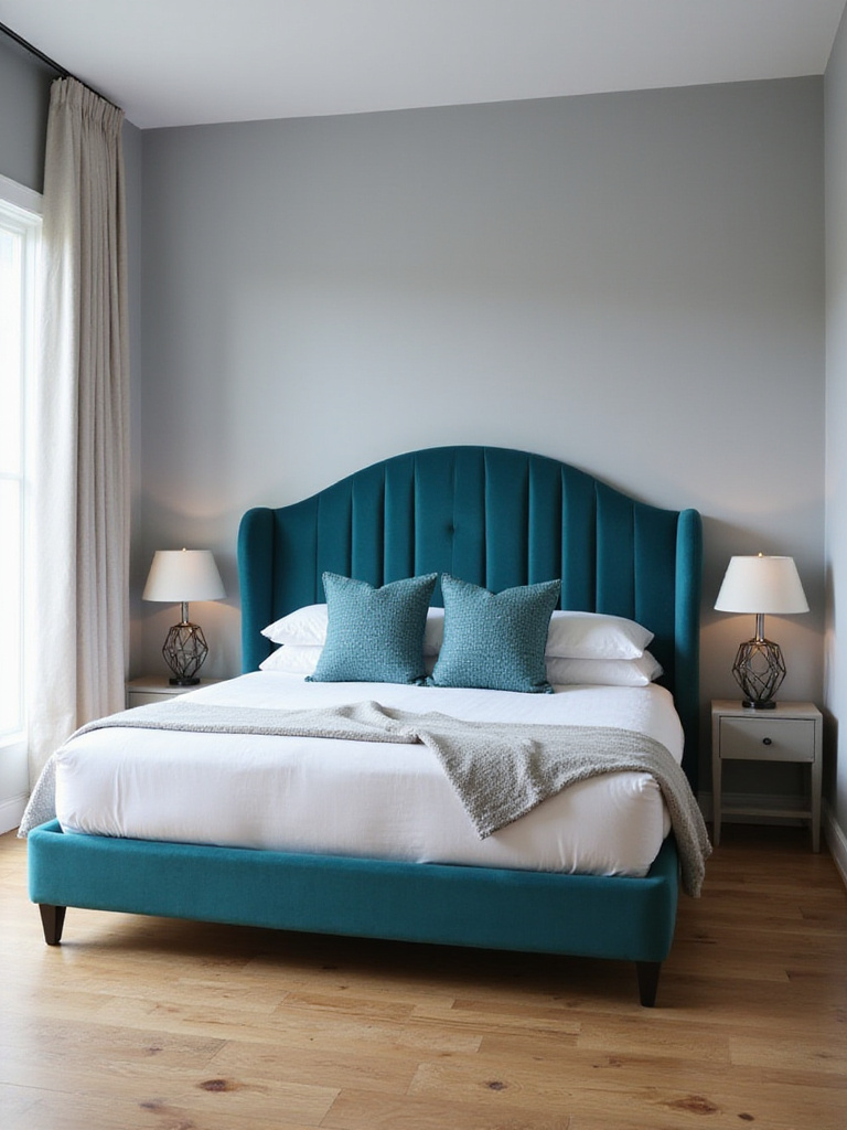 Modern bedroom with a teal velvet arched statement headboard