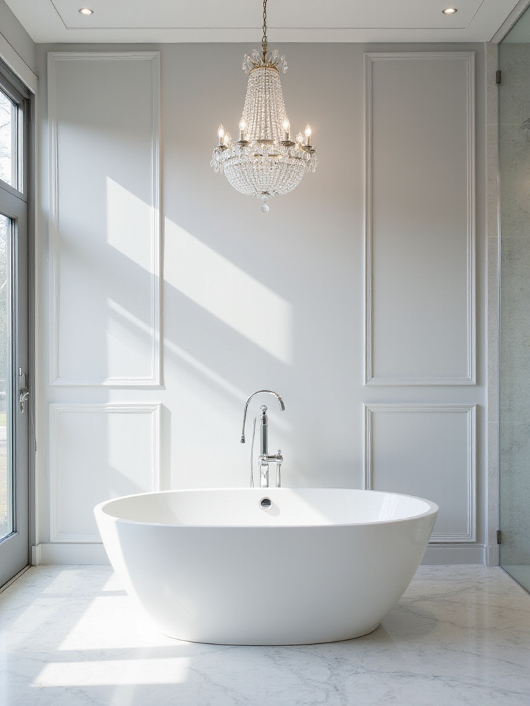 Luxurious bathroom with crystal chandelier hanging above a freestanding tub