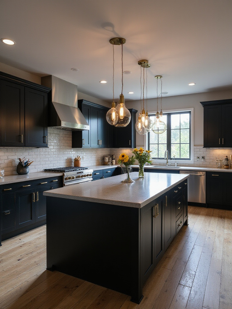 Black kitchen island illuminated by three brass pendant lights