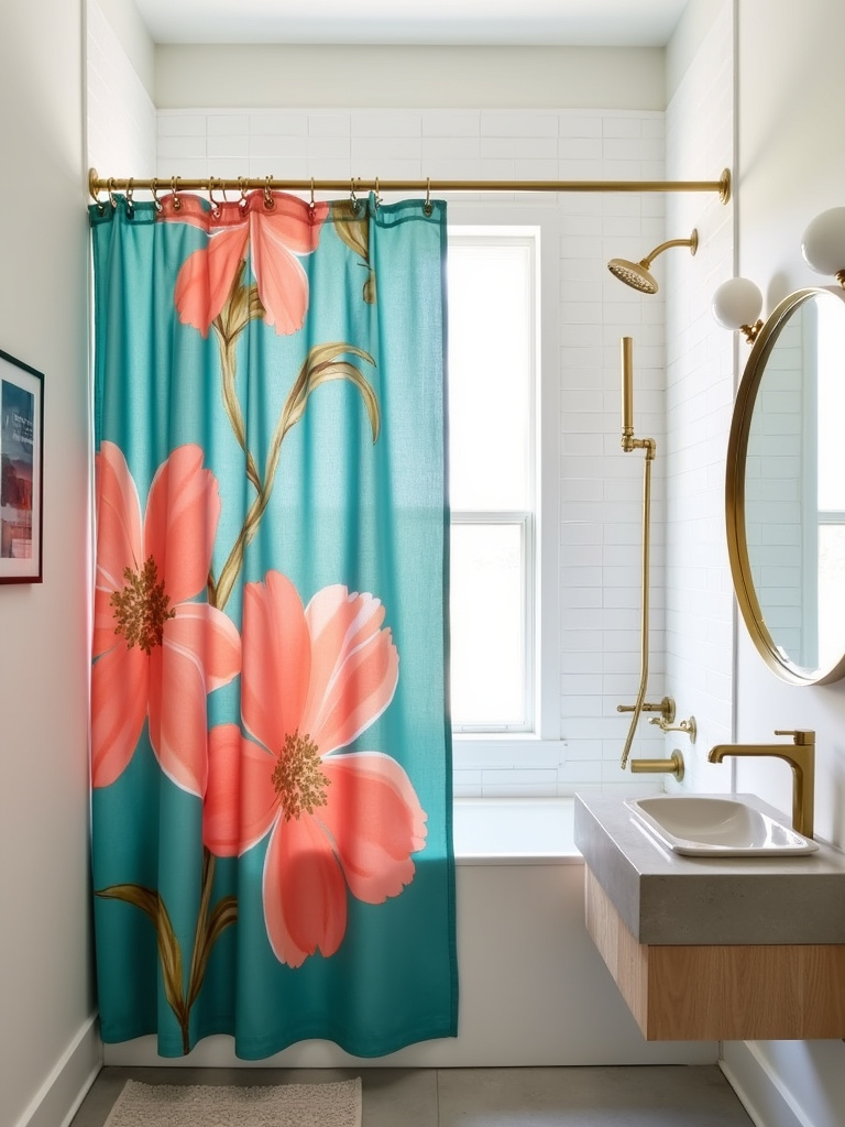 Statement floral shower curtain instantly upgrades a small apartment bathroom.