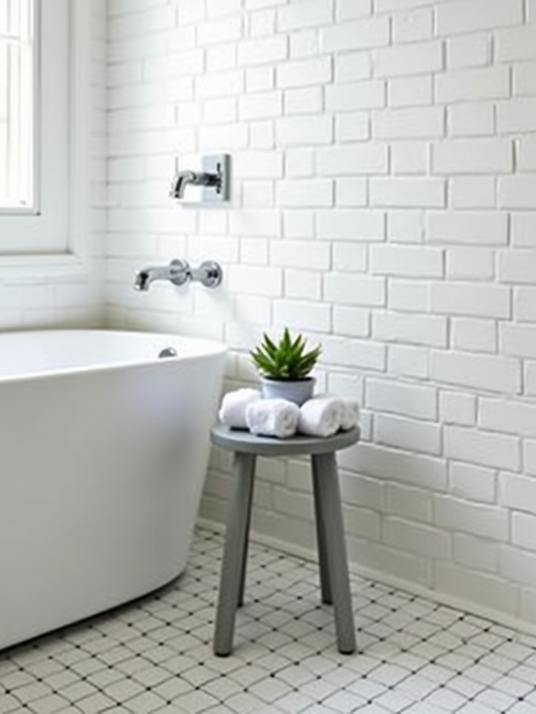 Modern apartment bathroom with a stylish grey stool holding towels and a plant next to the bathtub.