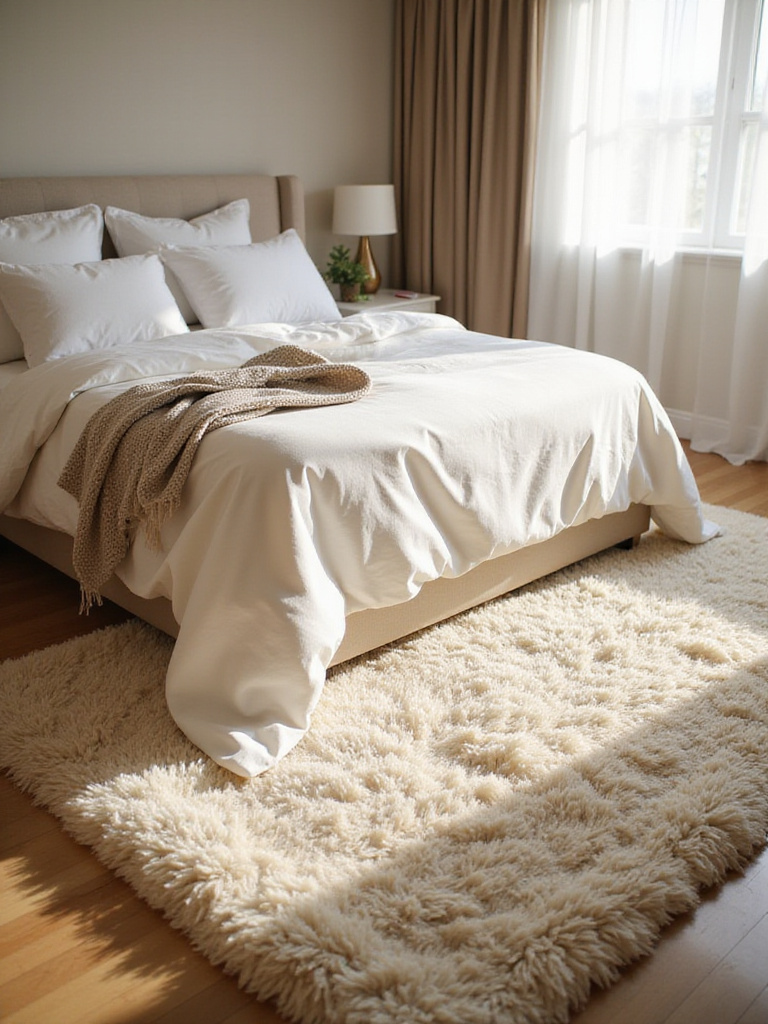 Cream-colored shag rug adding cozy comfort to a romantic bedroom with white linens.