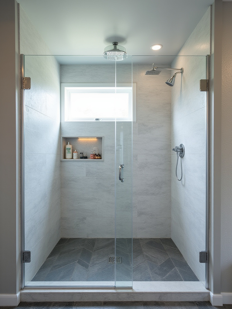 Modern walk-in shower with frameless glass and linear drain.