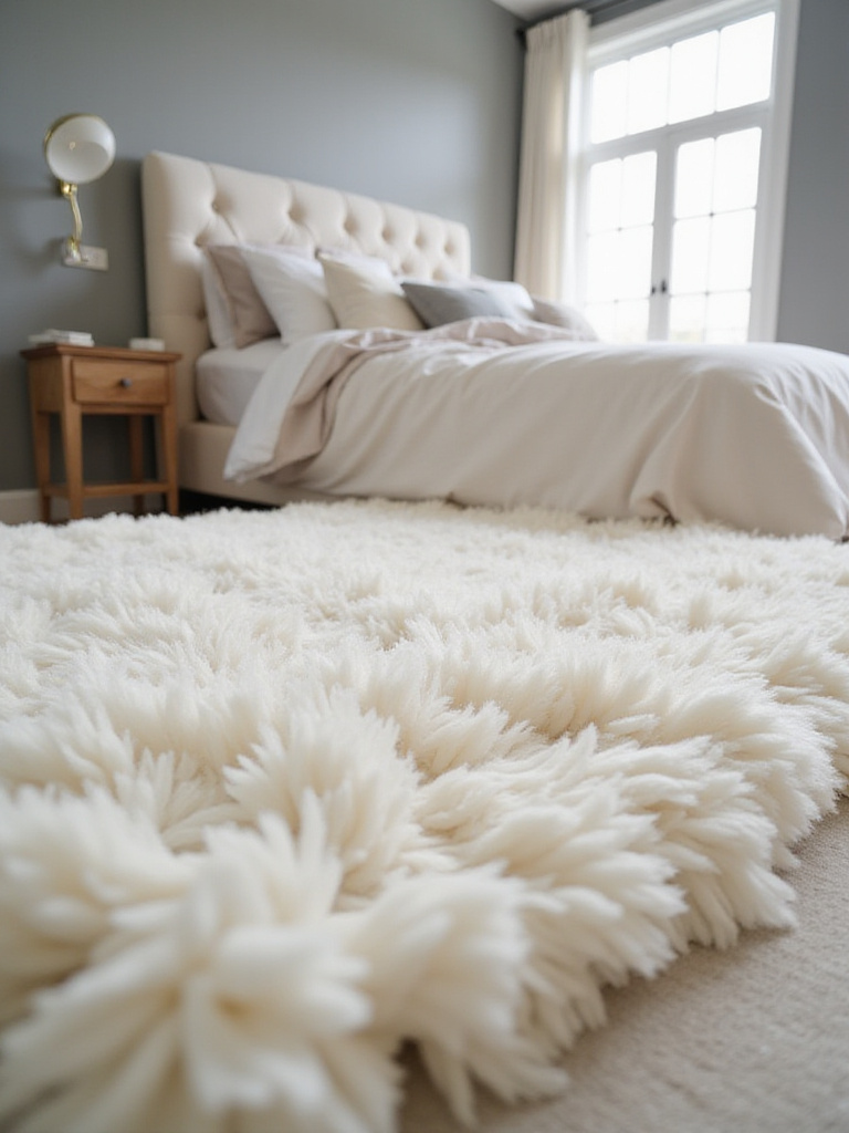 Luxurious bedroom with a plush white wool rug under a king-sized bed.