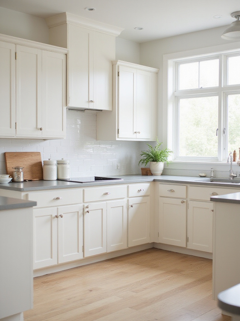 Farmhouse kitchen with a serene neutral color palette of whites, grays, and natural wood tones.