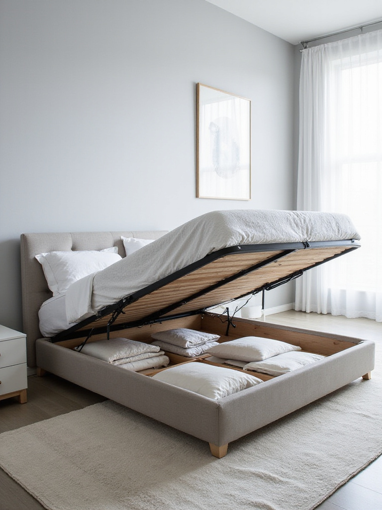Modern bedroom featuring a platform storage bed with open storage compartments filled with blankets and pillows.